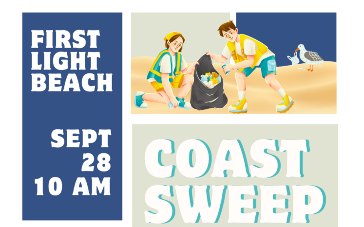 A flyer showing the BBI logo, images of beach cleanup, and the date, time and location of the event, in shades of blue and taupe